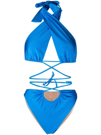 Noire Swimwear Lattice-strap Halterneck Swimsuit In Blue