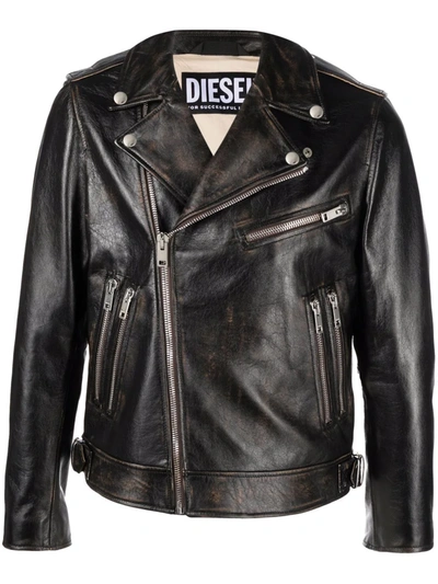 Diesel Drummed Leather Biker Jacket In Black