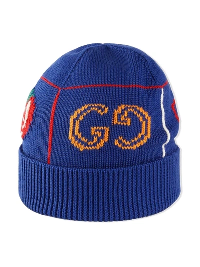 Gucci Kids' Logo-intarsia Star Knit Beanie In Blue