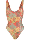 Amir Slama Palm Leaf Print Swimsuit In Red