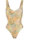 Amir Slama Palm Leaf Print Swimsuit In Orange
