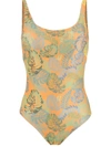 Amir Slama Palm Leaf Print Swimsuit In Orange