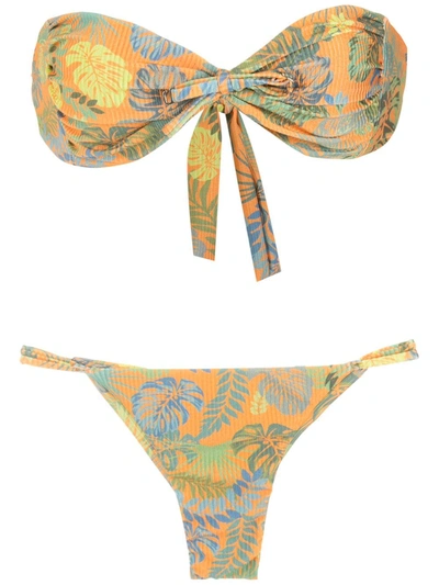 Amir Slama Palm Leaf Print Bandeau Bikini In Orange