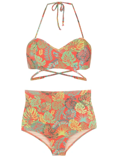 Amir Slama Palm Leaf Print High-rise Bikini In Red