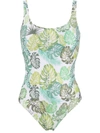 Amir Slama Palm Leaf Print Swimsuit In Green