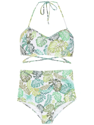 Amir Slama Palm Leaf Print High-rise Bikini In Green