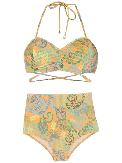 Amir Slama Palm Leaf Print High-rise Bikini In Orange