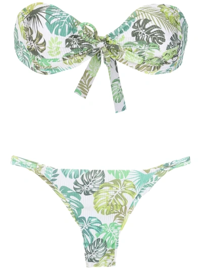 Amir Slama Palm Leaf Print Bandeau Bikini In Green