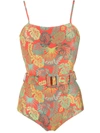 Amir Slama Palm Leaf Print Belted Swimsuit In Red