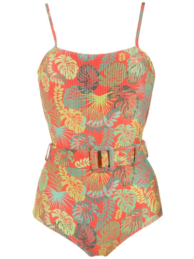 Amir Slama Palm Leaf Print Belted Swimsuit In Red