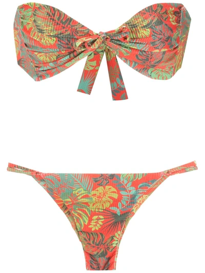 Amir Slama Palm Leaf Print Bandeau Bikini In Red