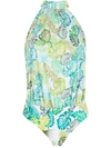 Amir Slama Palm Leaf Print Bodysuit In Green