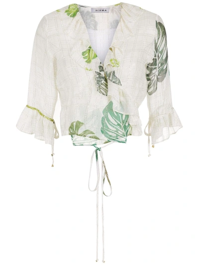 Amir Slama Palm Leaf Print Ruffle Blouse In Neutrals