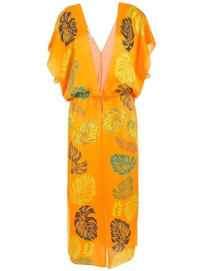 Amir Slama Palm Leaf Print Beach Dress In Orange