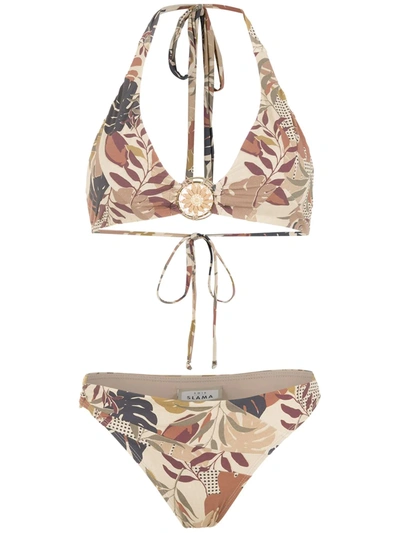 Amir Slama Palm Leaf Print Bikini In Neutrals