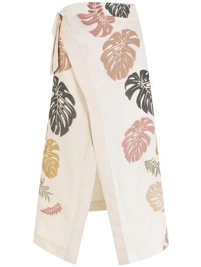 Amir Slama Palm Leaf Print Wrap Skirt In Neutrals