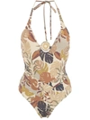 Amir Slama Palm Leaf Print Swimsuit In Neutrals