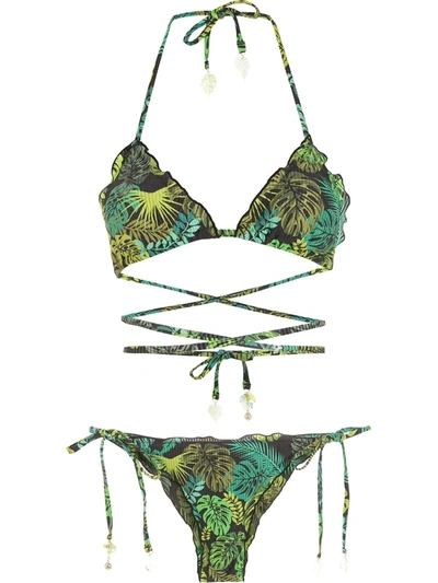 Amir Slama Tropical Print Tie Around Bikini In Green