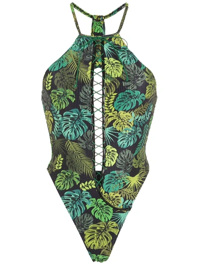 Amir Slama Tropical Print Swimsuit In Green