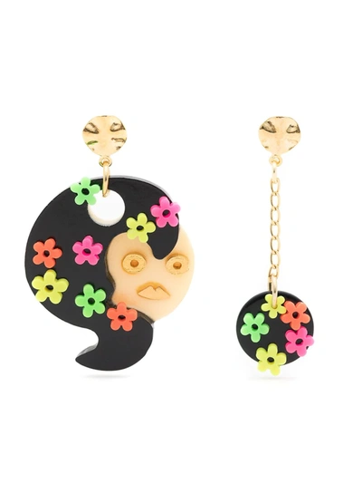 Amir Slama Floral-appliqué Asymmetric Earrings In Black