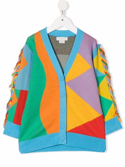 Stella Mccartney Kids' Colour-block Fringed-sleeve Cardigan In Blue