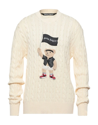 Palm Angels Pirate Bear Cable Knit Jumper, Beige And White In Cream