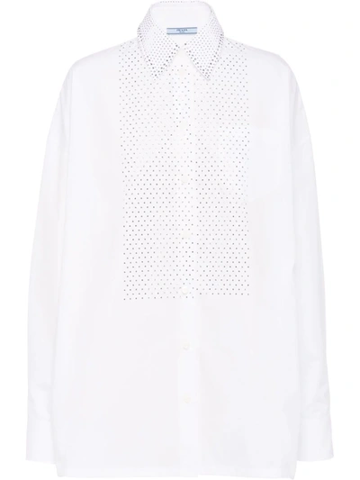 Prada Rhinestone-studded Cotton Poplin Shirt In White