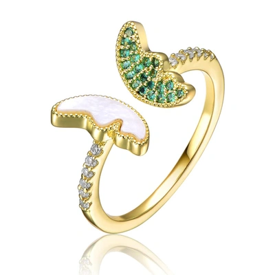 Rachel Glauber Gold Plated Green Cubic Zirconia Bypass Ring In Mother Of Pearl