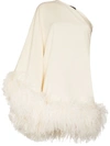 Taller Marmo Piccolo Ubud One-shoulder Feather-trimmed Crepe Mini Dress In Neutrals