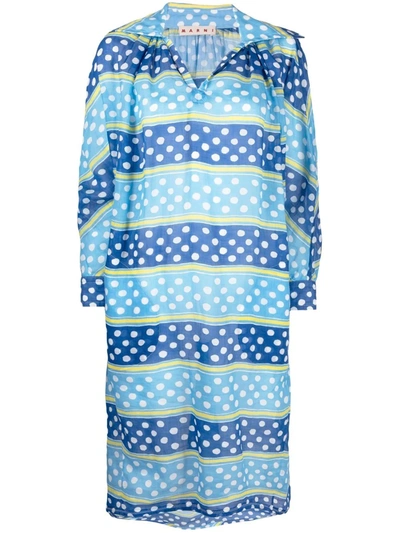 Marni Striped Polka Dot Dress In Mazarine Blue