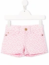 Versace La Greca Print Cotton Denim Shorts In Pink