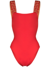 Versace Square-neck Greca-strap One-piece Swimsuit In Red