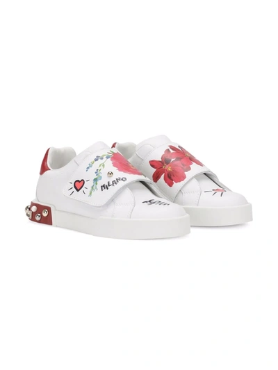 Dolce & Gabbana Kids' Floral-painted Touch-strap Trainers In White