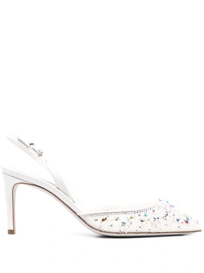 René Caovilla Crystal-embellished Slingback Pumps In White