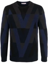 Valentino Navy Intarsia-pattern Knit Jumper In Black