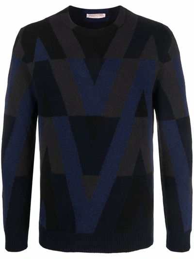 Valentino Intarsia Pattern Black Knit Jumper In Multi-colored