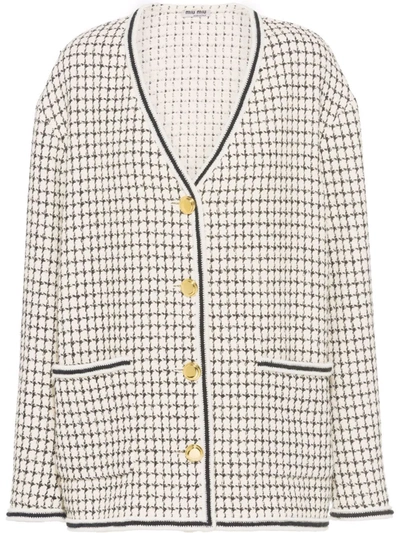 Miu Miu Check Tweed Single-breasted Cardigan In Weiss