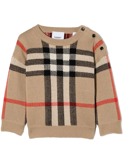 Burberry Babies' Check-jacquard Jumper In Brown