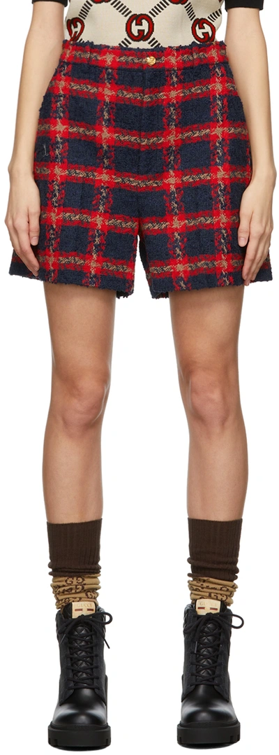 Gucci Navy & Red Check Tweed Shorts In Blue/red/mc