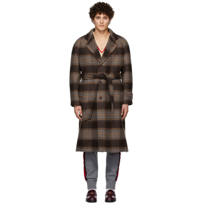 Gucci Check Wool Logo-patch Coat In Brown