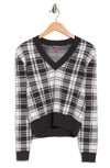 Vince Camuto V-neck Cropped Plaid Sweater In Charcoal/ White