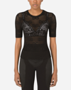 Dolce & Gabbana Short-sleeved Lace-stitch Sweater With Dg Logo In Black