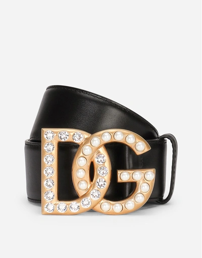 Dolce & Gabbana Calfskin Belt With Dg Logo With Rhinestones And Pearls In Multicolor