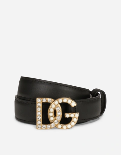Dolce & Gabbana Leather Belt With Rhinestones And Pearls Logo In Multicolor