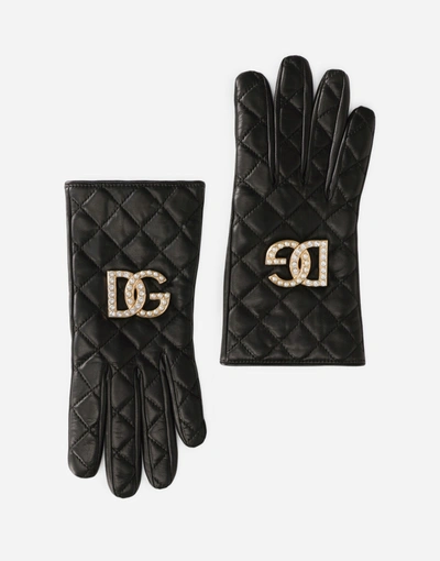 Dolce & Gabbana Quilted Nappa Leather Gloves With Dg Logo In Nero