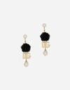 DOLCE & GABBANA DROP EARRINGS WITH ROSES AND DG LOGO