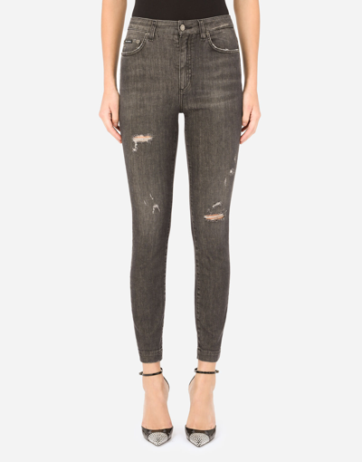 Dolce & Gabbana Deep Blue Denim Audrey Jeans With Ripped Details In Multicolor
