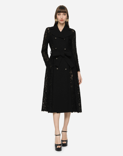 Dolce & Gabbana Cordonetto Lace And Crepe Coat With Belt In Black