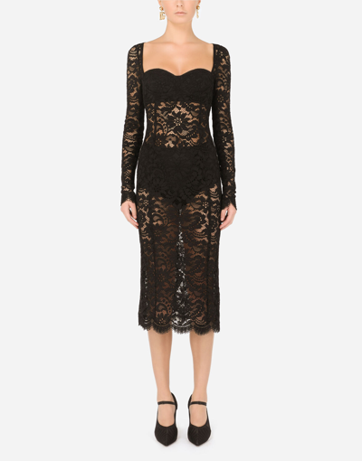 Dolce & Gabbana Lace Calf-length Dress With Scalloped Detailing In Black