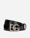 Dolce & Gabbana Patent Leather Belt With Crystal-detailed Dg Logo In Black